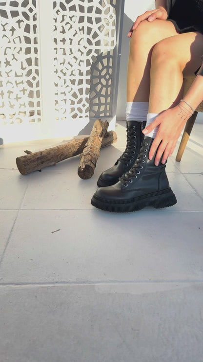 Roxan Black Leather Lace-up Boots
