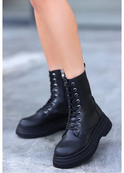 Roxan Black Leather Lace-up Boots - alotasawkli