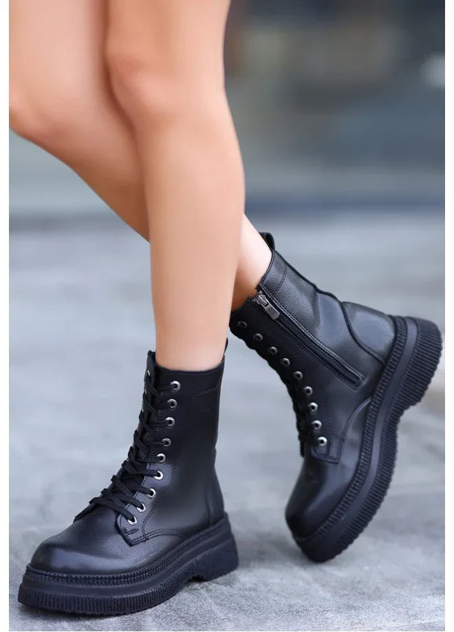 Roxan Black Leather Lace-up Boots - alotasawkli