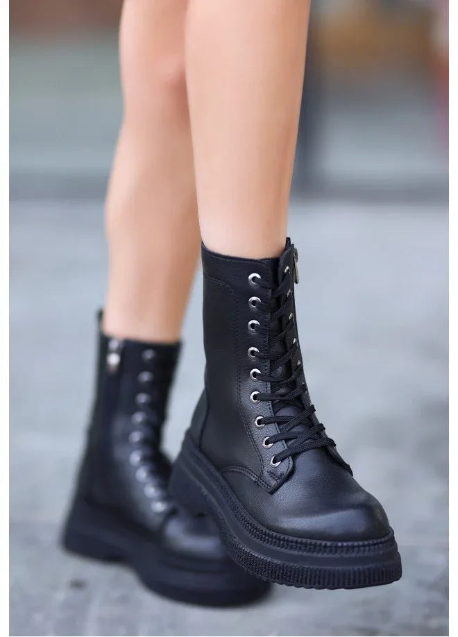 Roxan Black Leather Lace-up Boots - alotasawkli