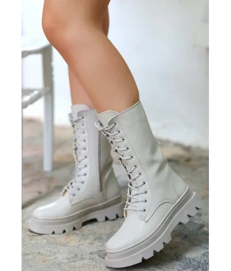 Toir Beige Leather Lace-up Boots - alotasawkli