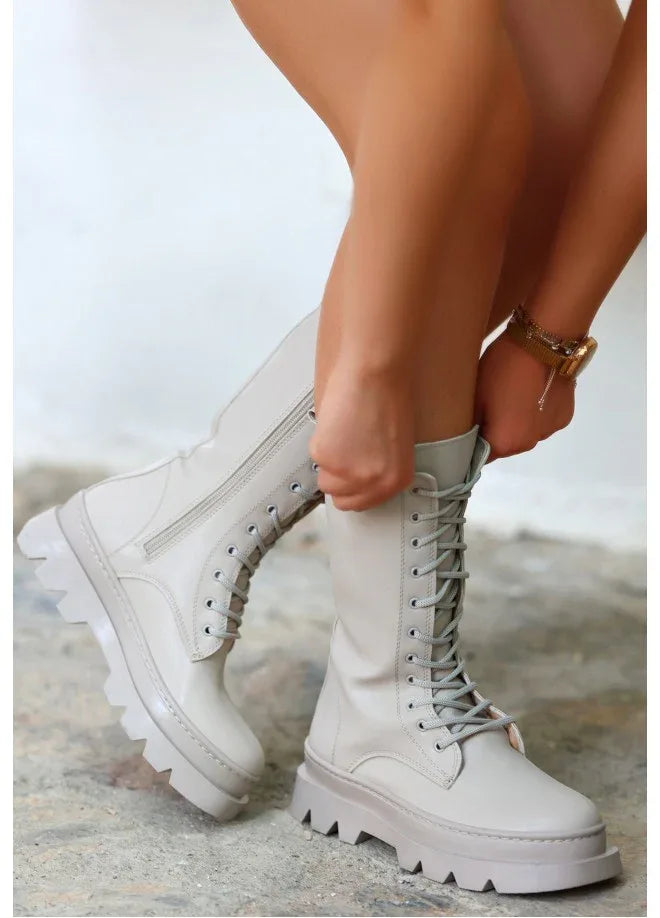 Toir Beige Leather Lace-up Boots - alotasawkli