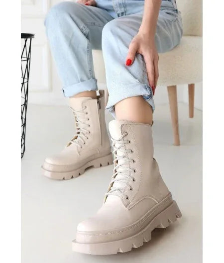 Orge Beige Leather Lace-up Boots - alotasawkli