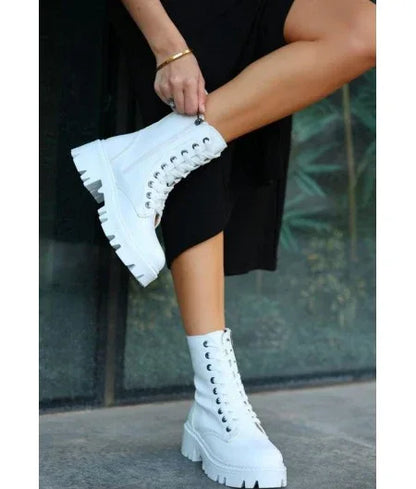 Flona White Leather Lace-up Boots - alotasawkli