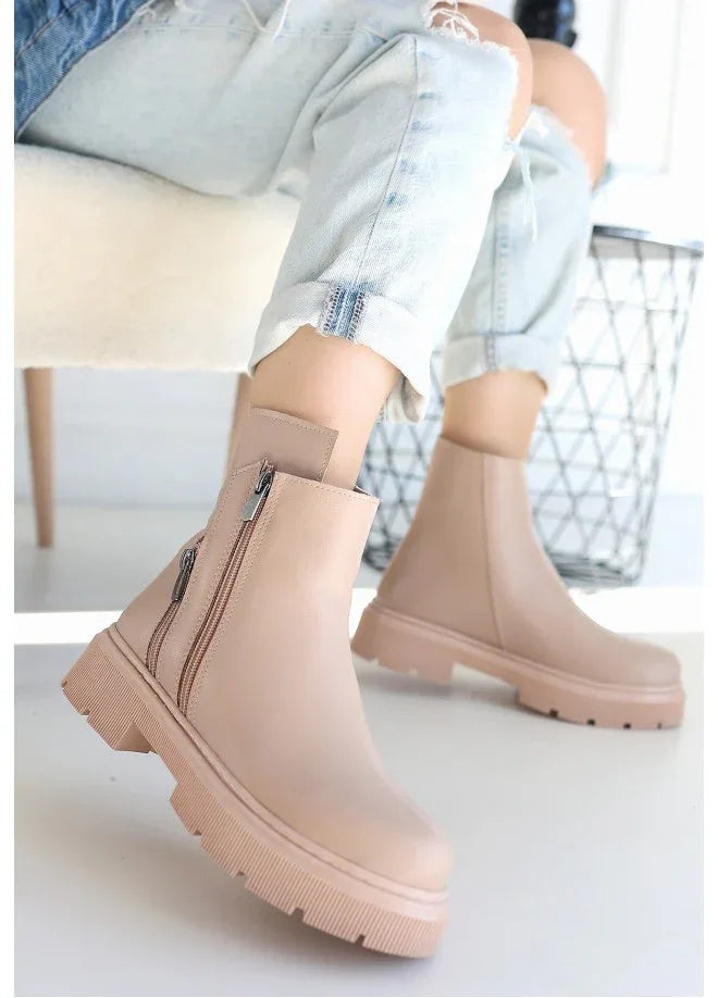Menta Nude Leather Boots with Zipper Accessory - alotasawkli