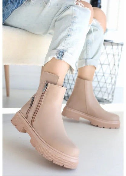Menta Nude Leather Boots with Zipper Accessory - alotasawkli