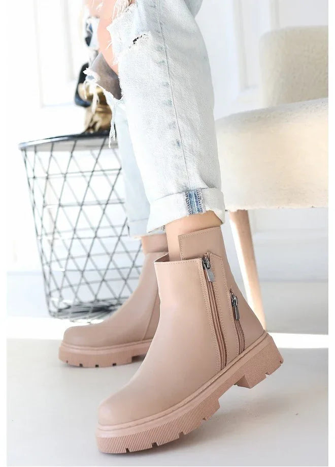 Menta Nude Leather Boots with Zipper Accessory - alotasawkli