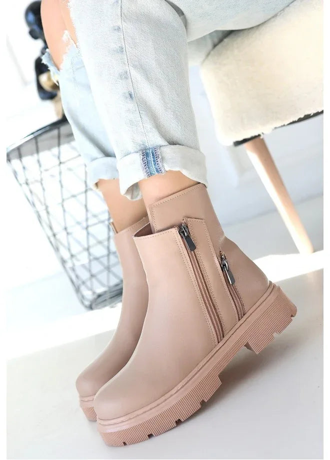 Menta Nude Leather Boots with Zipper Accessory - alotasawkli