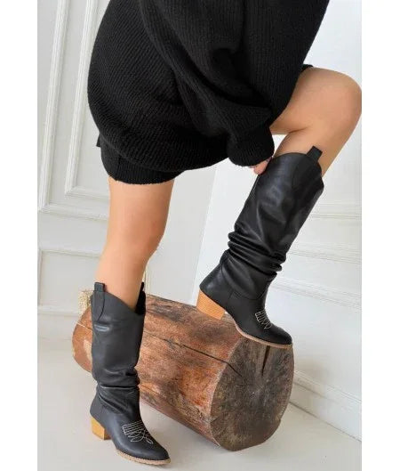Jeoni Black Leather Heeled Boots - alotasawkli