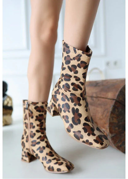 Birta Leopard Leather Stretch Heel Boots - alotasawkli