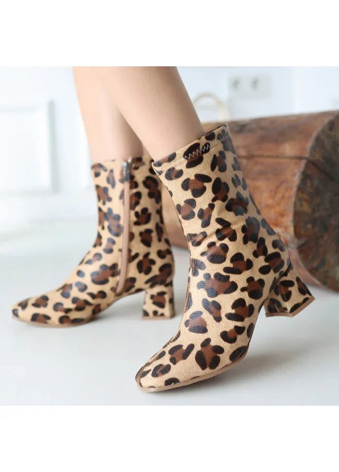 Birta Leopard Leather Stretch Heel Boots - alotasawkli