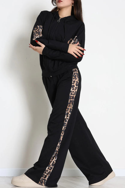 Women's Sequin-Trimmed Two-Thread Tracksuit Set in Black