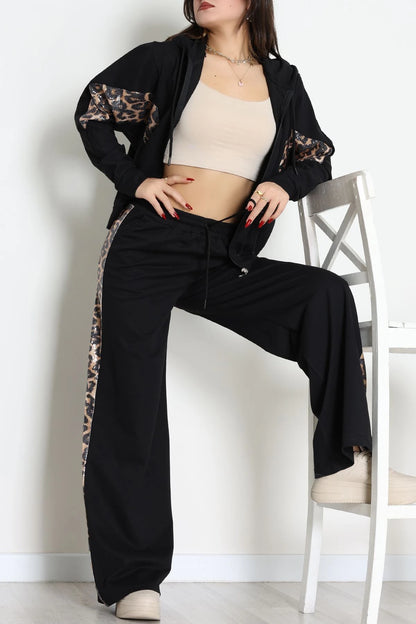 Women's Sequin-Trimmed Two-Thread Tracksuit Set in Black
