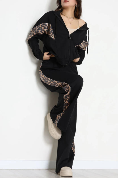 Women's Sequin-Trimmed Two-Thread Tracksuit Set in Black