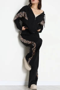Women's Sequin-Trimmed Two-Thread Tracksuit Set in Black