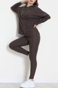 Stone-Colored Hooded Textured Interlock Two-Piece Set