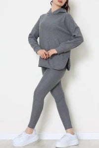 Stone-Colored Hooded Textured Interlock Two-Piece Set