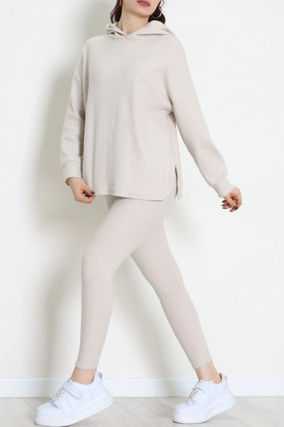 Stone-Colored Hooded Textured Interlock Two-Piece Set