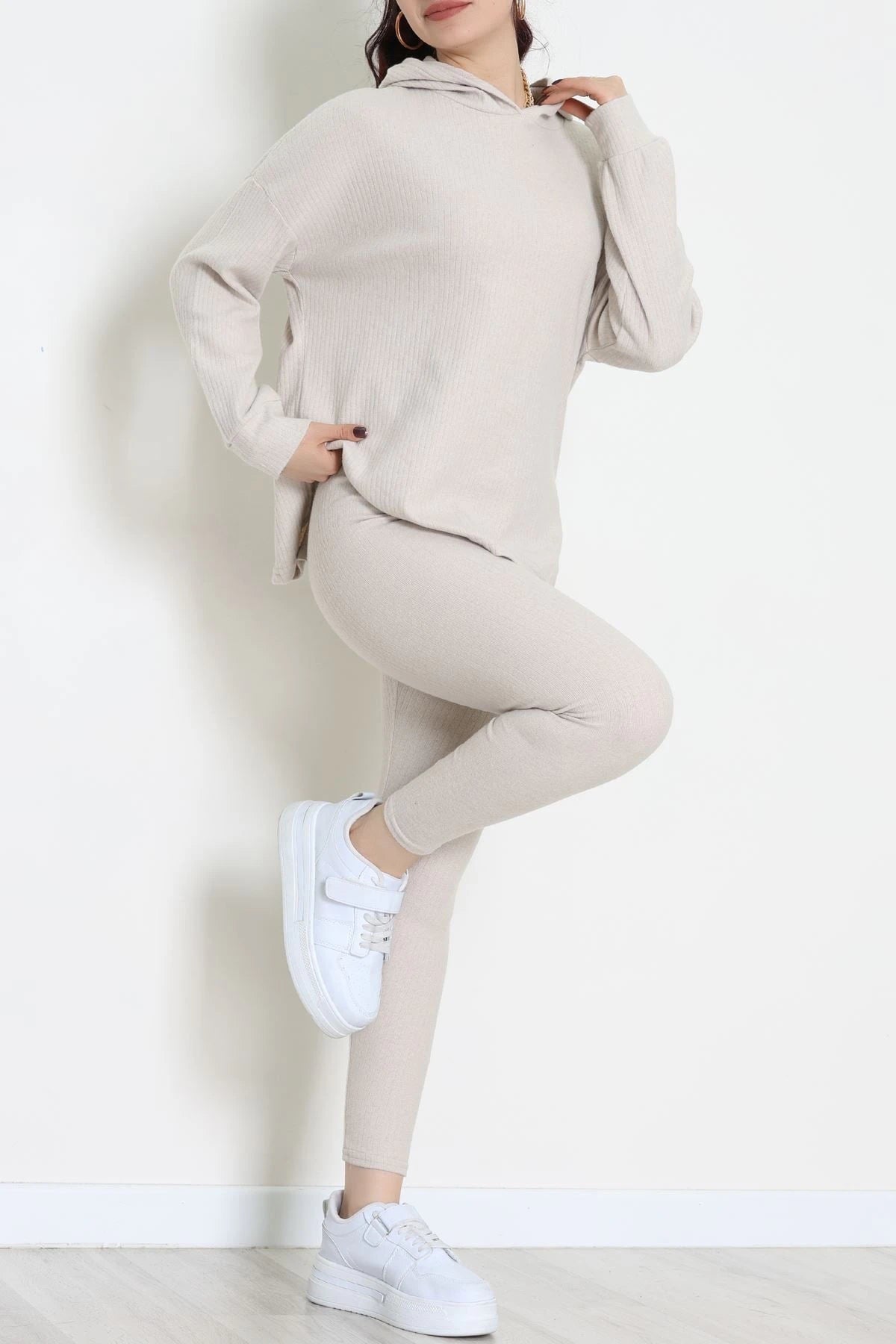 Stone-Colored Hooded Textured Interlock Two-Piece Set