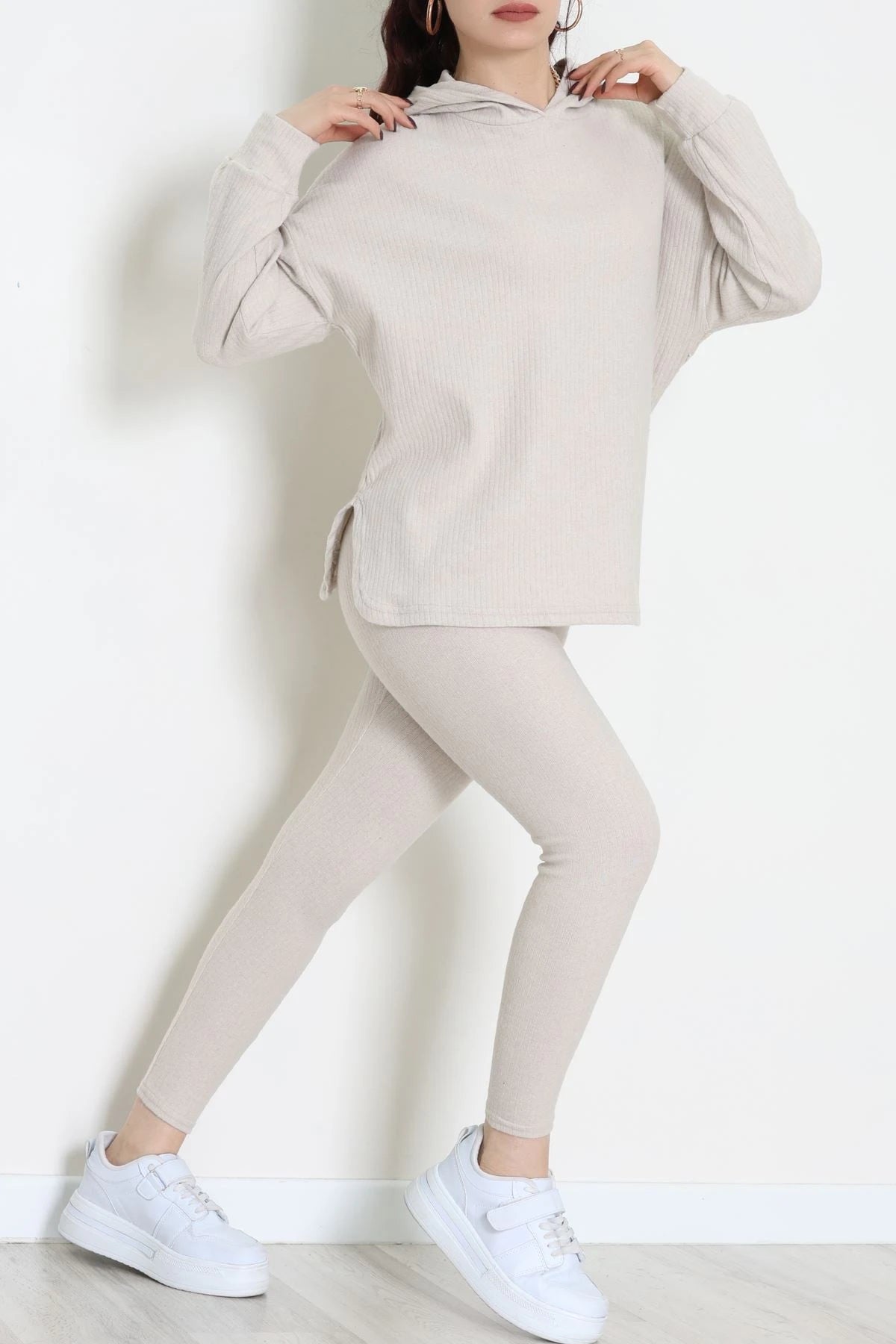 Stone-Colored Hooded Textured Interlock Two-Piece Set