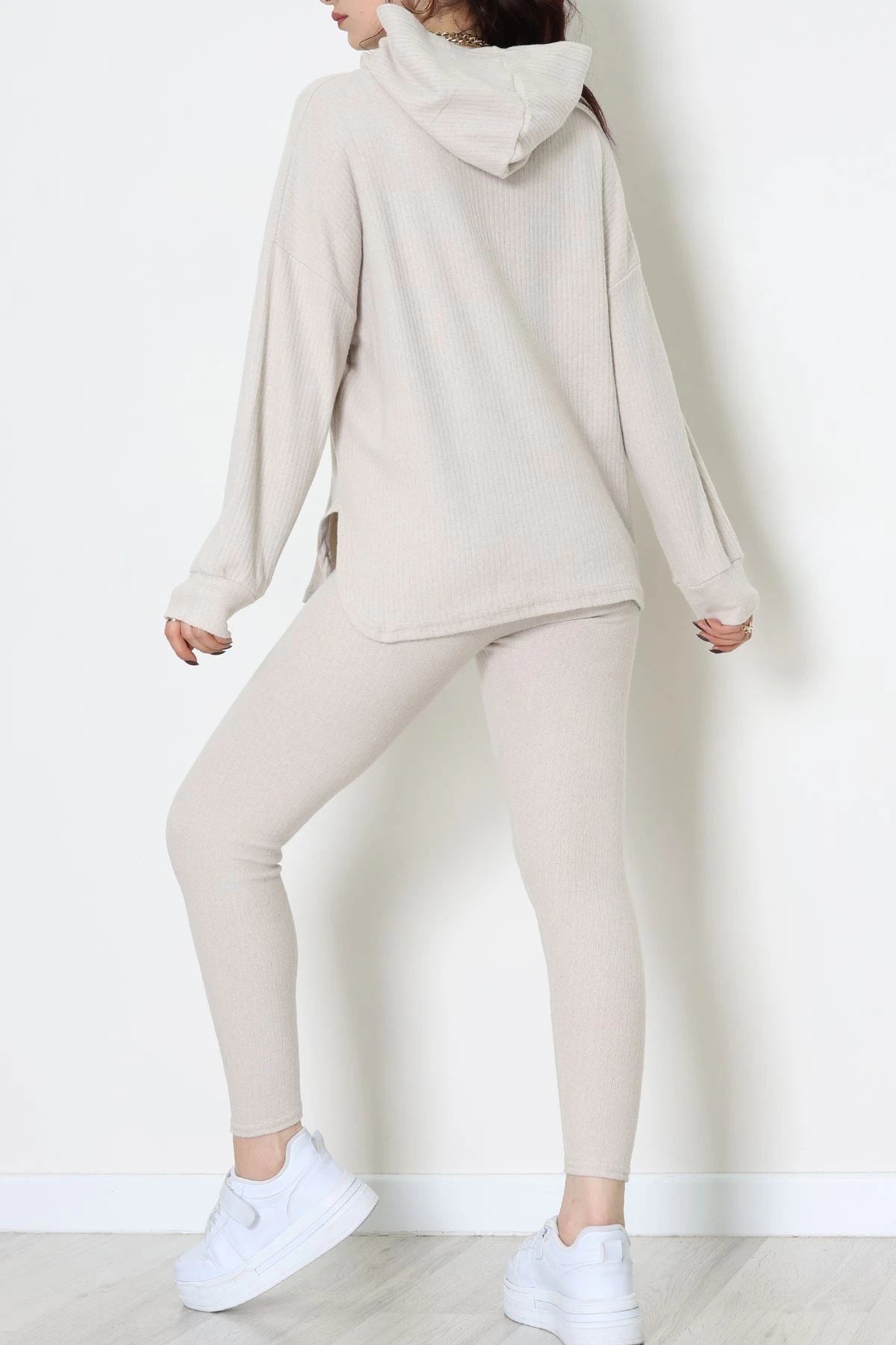 Stone-Colored Hooded Textured Interlock Two-Piece Set