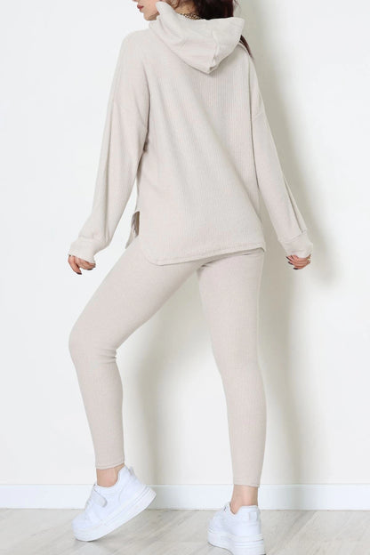 Stone-Colored Hooded Textured Interlock Two-Piece Set