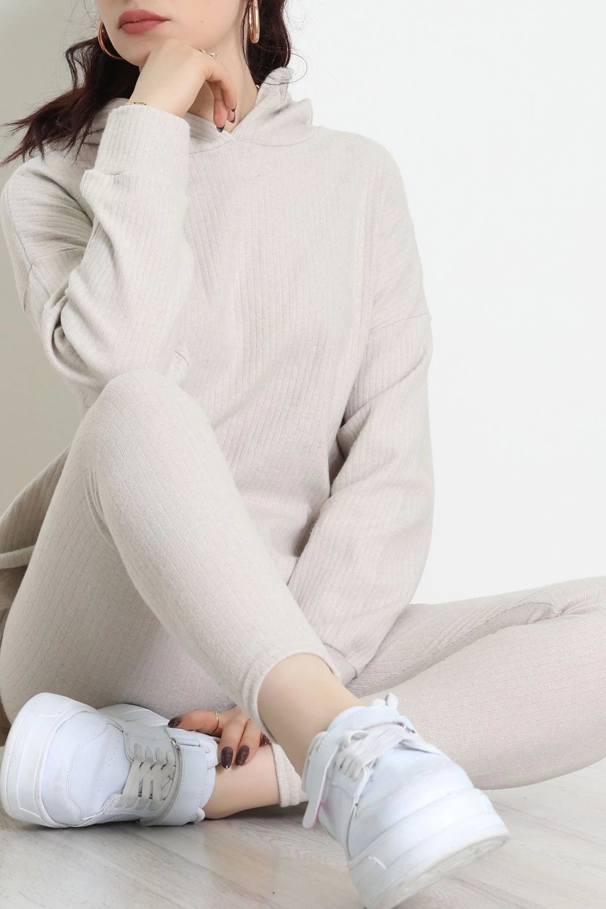 Stone-Colored Hooded Textured Interlock Two-Piece Set