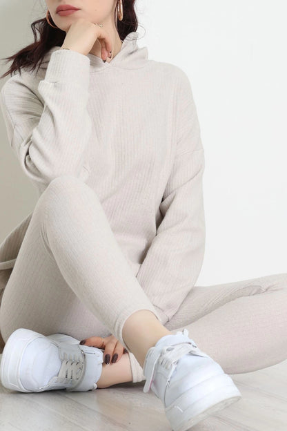 Stone-Colored Hooded Textured Interlock Two-Piece Set