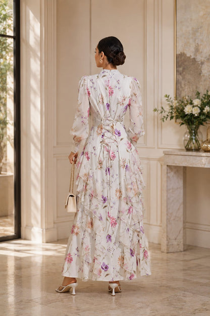 A dress with a soft floral pattern that embodies femininity and sophistication in every detail