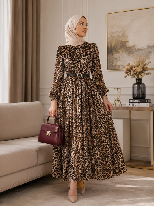 Leopard print long dress with a flowing silhouette