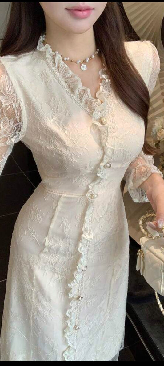 DAZY Elegant Lace Patchwork Stand Collar Frill Trim Midi Dress For Women, Autumn