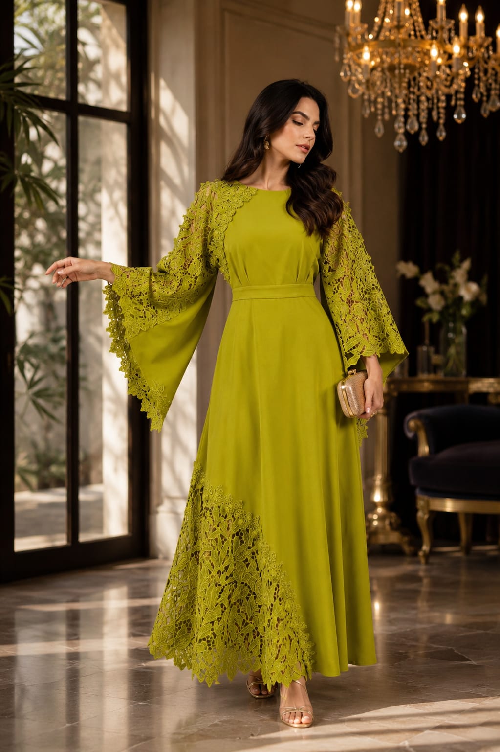 A luxurious dress in a distinctive color and with elegant lace details that gives you an unforgettable presence