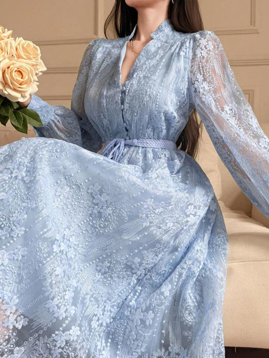 DAZY Women's Elegant Lace Petal Sleeve Belted Mid-Length Dress, Spring/Summer Sundress