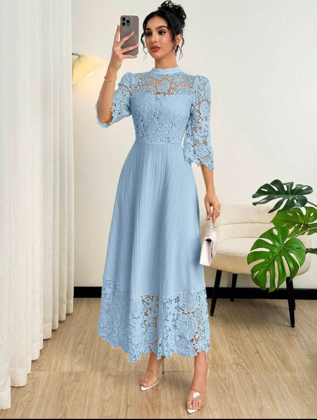 Modelyn Yellow Eyelet Embroidery Patchwork Maxi Long Sleeve Dress For Women