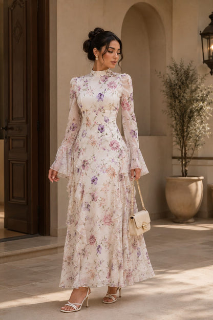 A dress with a soft floral pattern that embodies femininity and sophistication in every detail