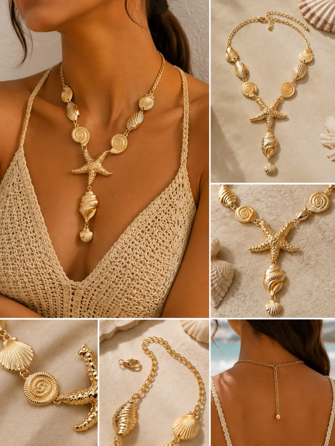 Gold Starfish and Seashell Necklace