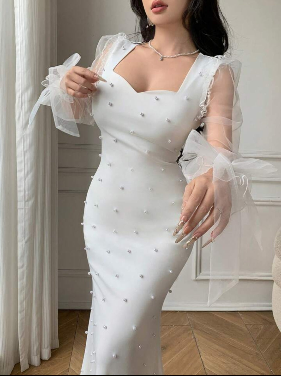 Celisse Elegant White Pearl Decor Square Neck Puff Sleeve Waist Fitted Fishtail Dress
