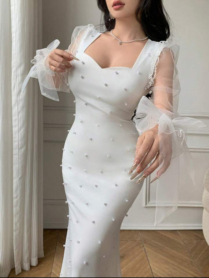 Celisse Elegant White Pearl Decor Square Neck Puff Sleeve Waist Fitted Fishtail Dress