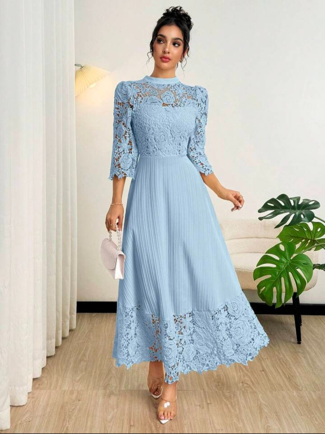 Modelyn Yellow Eyelet Embroidery Patchwork Maxi Long Sleeve Dress For Women
