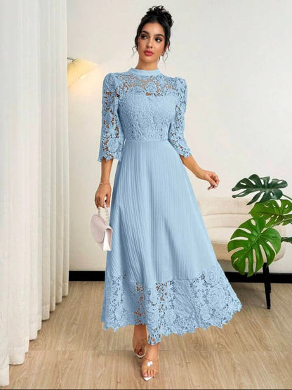 Modelyn Yellow Eyelet Embroidery Patchwork Maxi Long Sleeve Dress For Women
