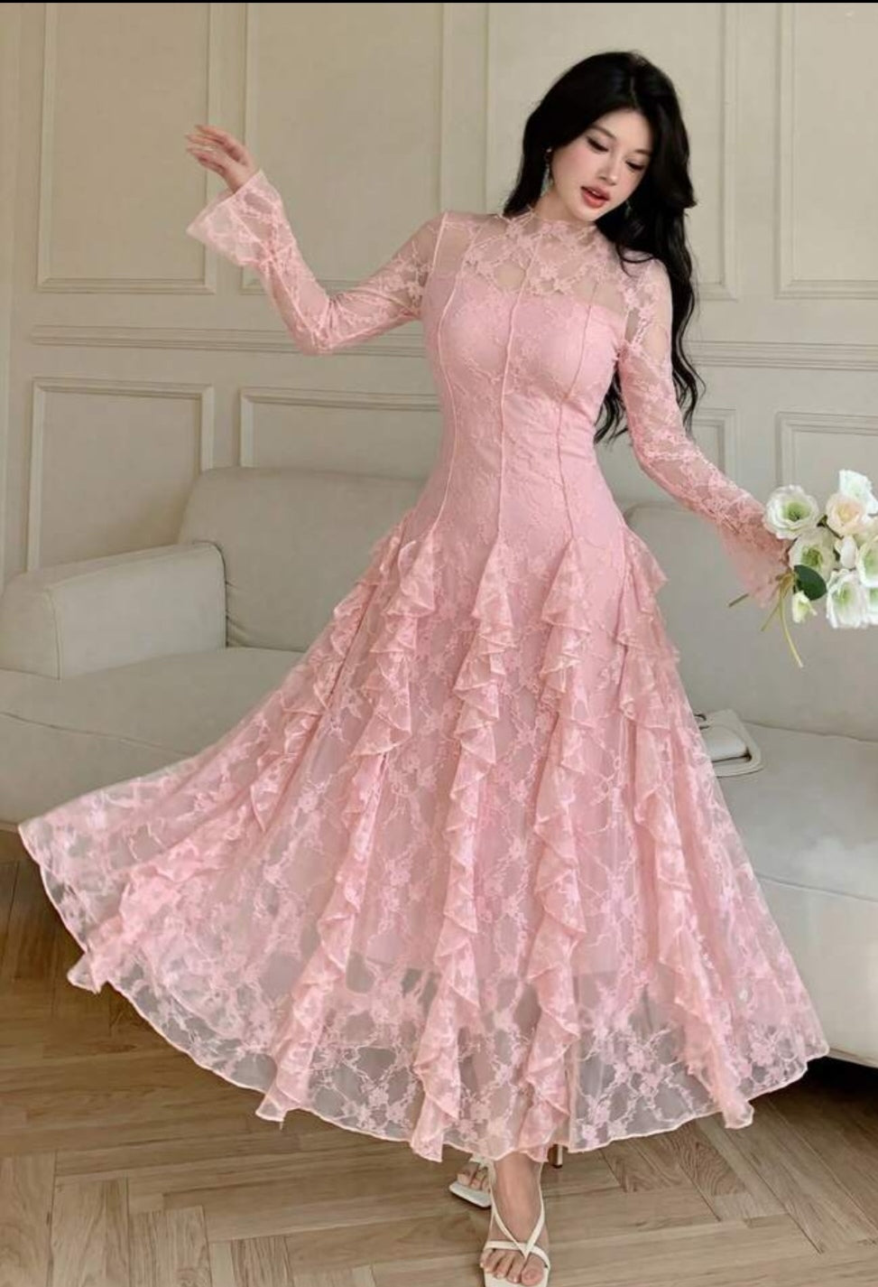 Modelyn Romantic & Elegant Pink Lace Flare Sleeve Ruffle