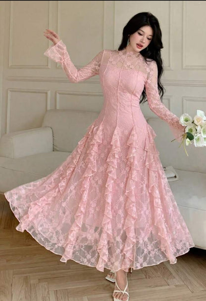 Modelyn Romantic & Elegant Pink Lace Flare Sleeve Ruffle