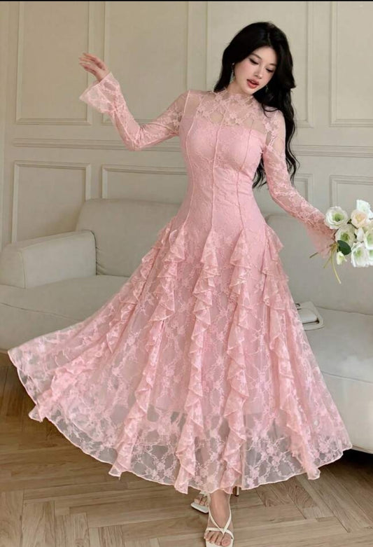 Modelyn Romantic & Elegant Pink Lace Flare Sleeve Ruffle