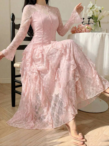 Modelyn Romantic & Elegant Pink Lace Flare Sleeve Ruffle
