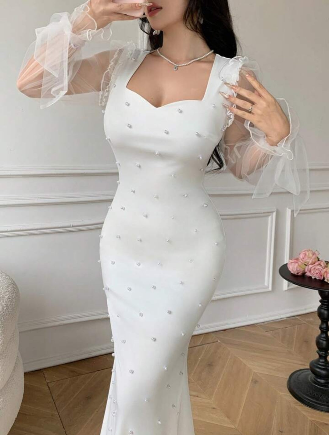 Celisse Elegant White Pearl Decor Square Neck Puff Sleeve Waist Fitted Fishtail Dress