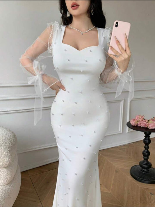 Celisse Elegant White Pearl Decor Square Neck Puff Sleeve Waist Fitted Fishtail Dress