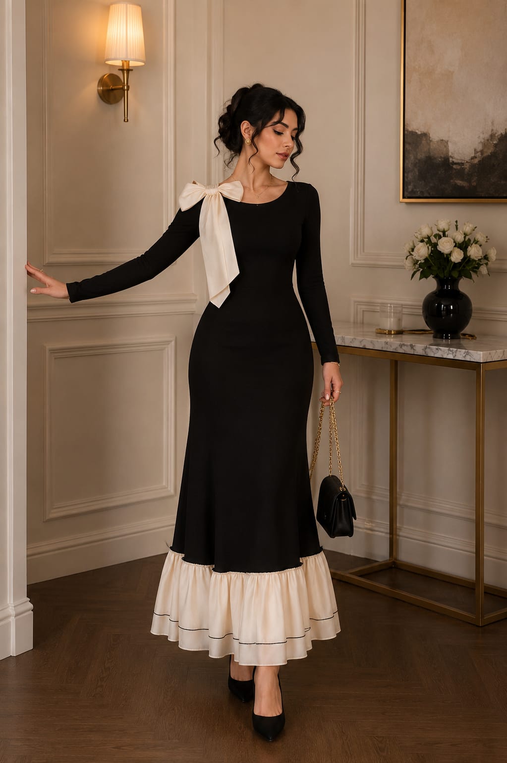Elegant black dress with a bow and white ruffles