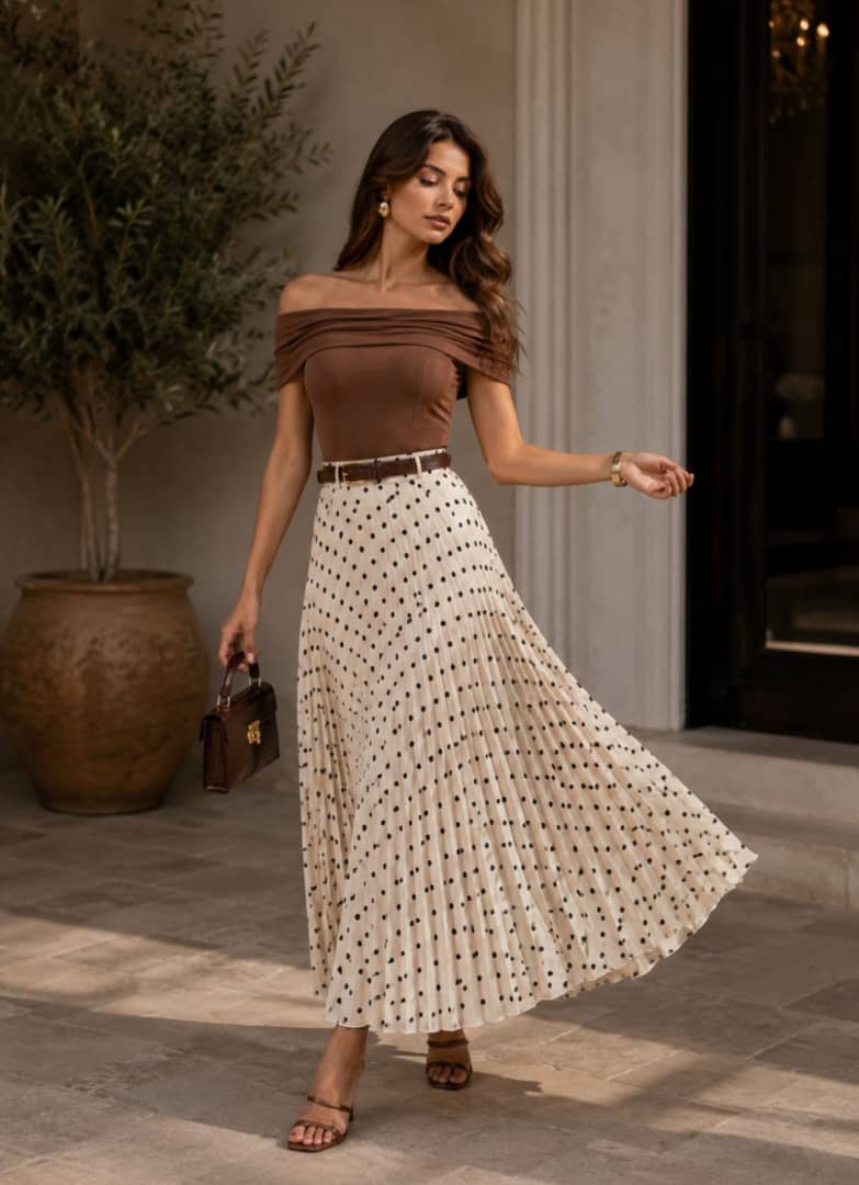 An elegant skirt with a flowing cut and soft pleats that gives you freedom of movement and a comfortable look.