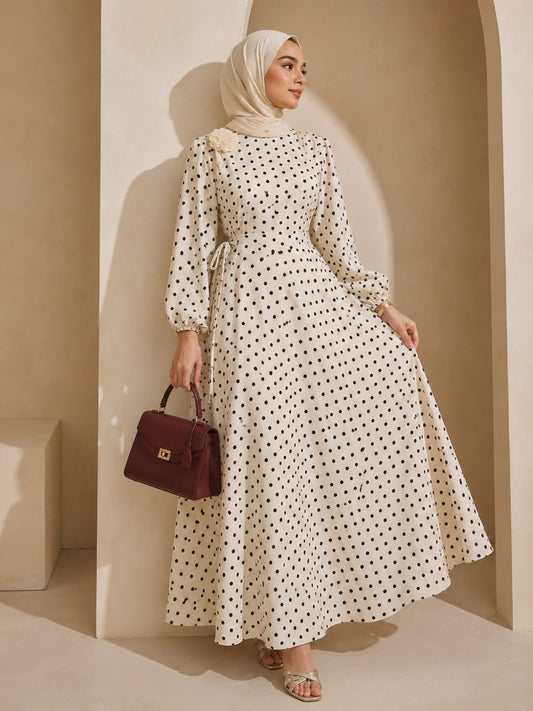 A white polka-dot dress with a sophisticated, feminine design
