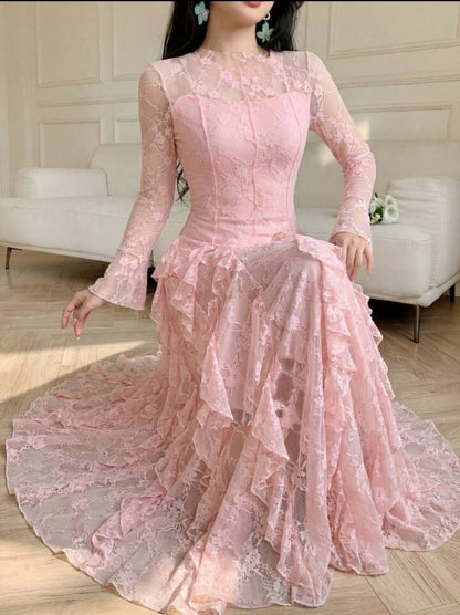 Modelyn Romantic & Elegant Pink Lace Flare Sleeve Ruffle